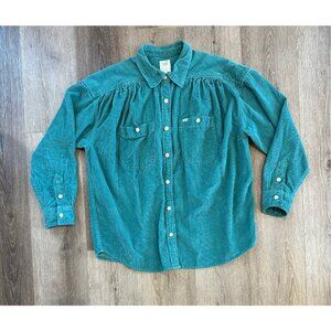 Vintage 90s Lee 100% Cotton Corduroy Teal Green Blue Button Up Shirt Shacket M